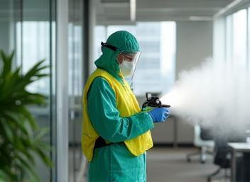 Sanitization technician using fogging device in workspace